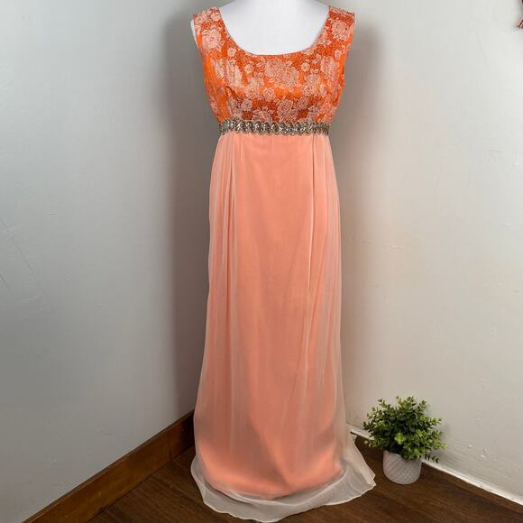 Vintage 60s Orange Empire Waist Sleeveless Chiffon Maxi Gown - Picture 2 of 12